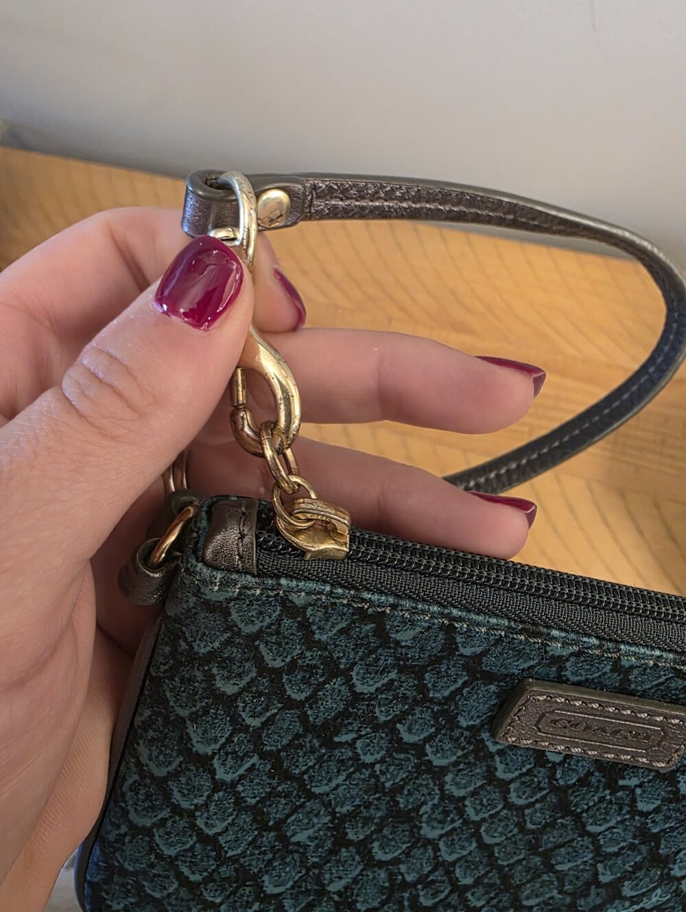 Coach Teal Snake Patterned Nylon Wristlet - Picture 3 of 8